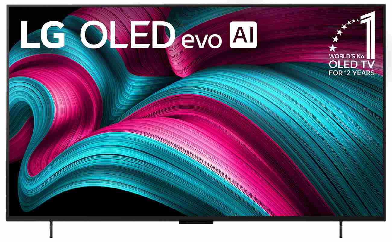 LG 42-inch C5 OLED evo 4K smart TV, front view on its stand.