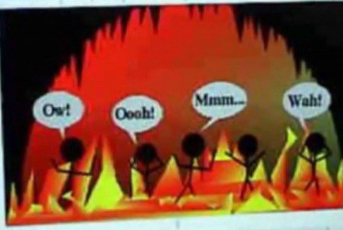 Cartoon characters walking through fire with speech bubbles, symbolizing a risky choice.