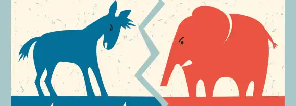 Unmatched blue donkey and red elephant illustration symbolizing political debate and campaign strategies.