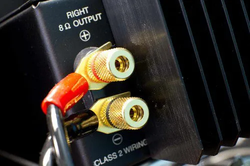 Speaker terminals on the back of a McIntosh MXA60 speaker
