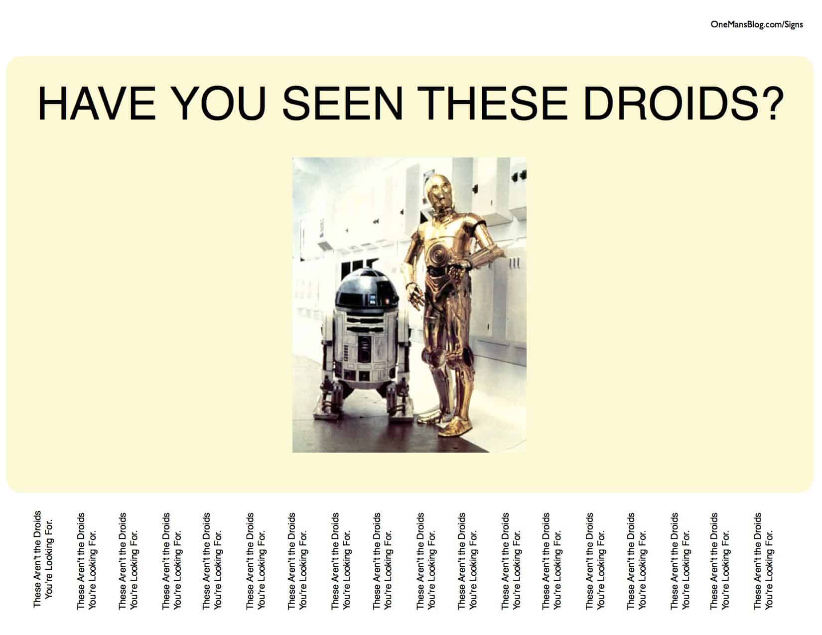 Humorous Star Wars droids sign featuring R2-D2 and C-3PO.