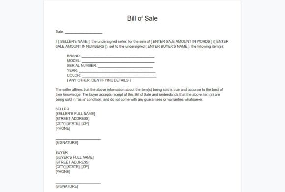 Free downloadable Bill of Sale form template for vehicles and general property.