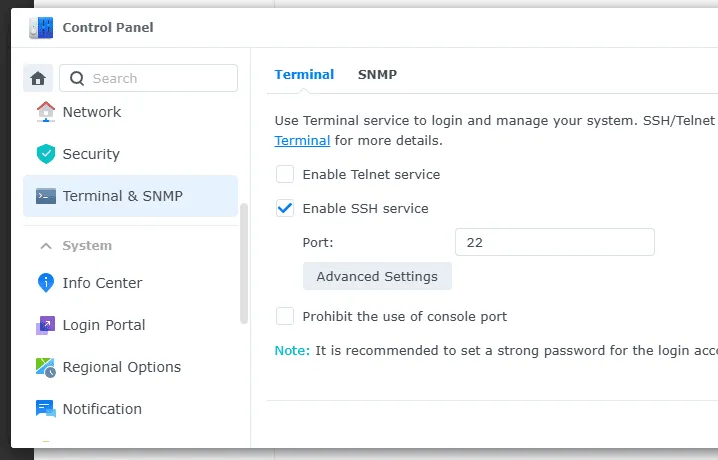 DSM Control Panel Terminal & SNMP settings with the Enable SSH service checkbox checked.
