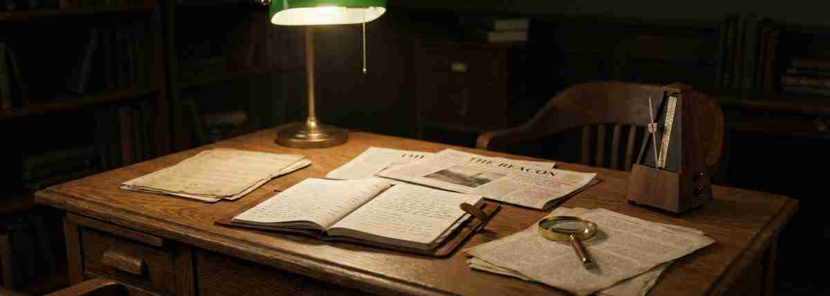 1. Vintage wooden desk with old newspapers, writing journal, magnifying glass, and lamp.