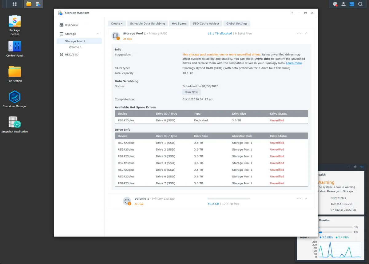 Unverified drive warning in Synology NAS for SSDs and HDDs, troubleshooting tips for reliable storage.