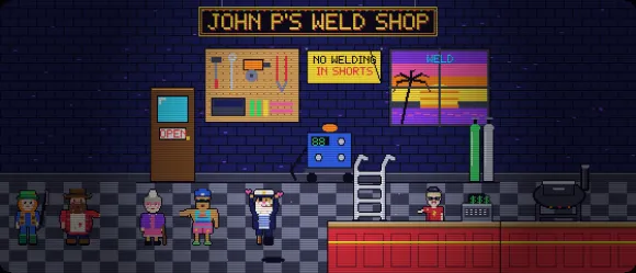 Pixel art of John P's Weld Shop: a line of customers waits while a happy sea captain cheers his repaired pontoon ladder and John P works the counter under a 'No Welding in Shorts' sign